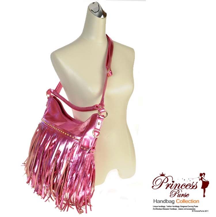 Designer Inspired Metallic Faux Leather Handbag w/ Shredded Leather